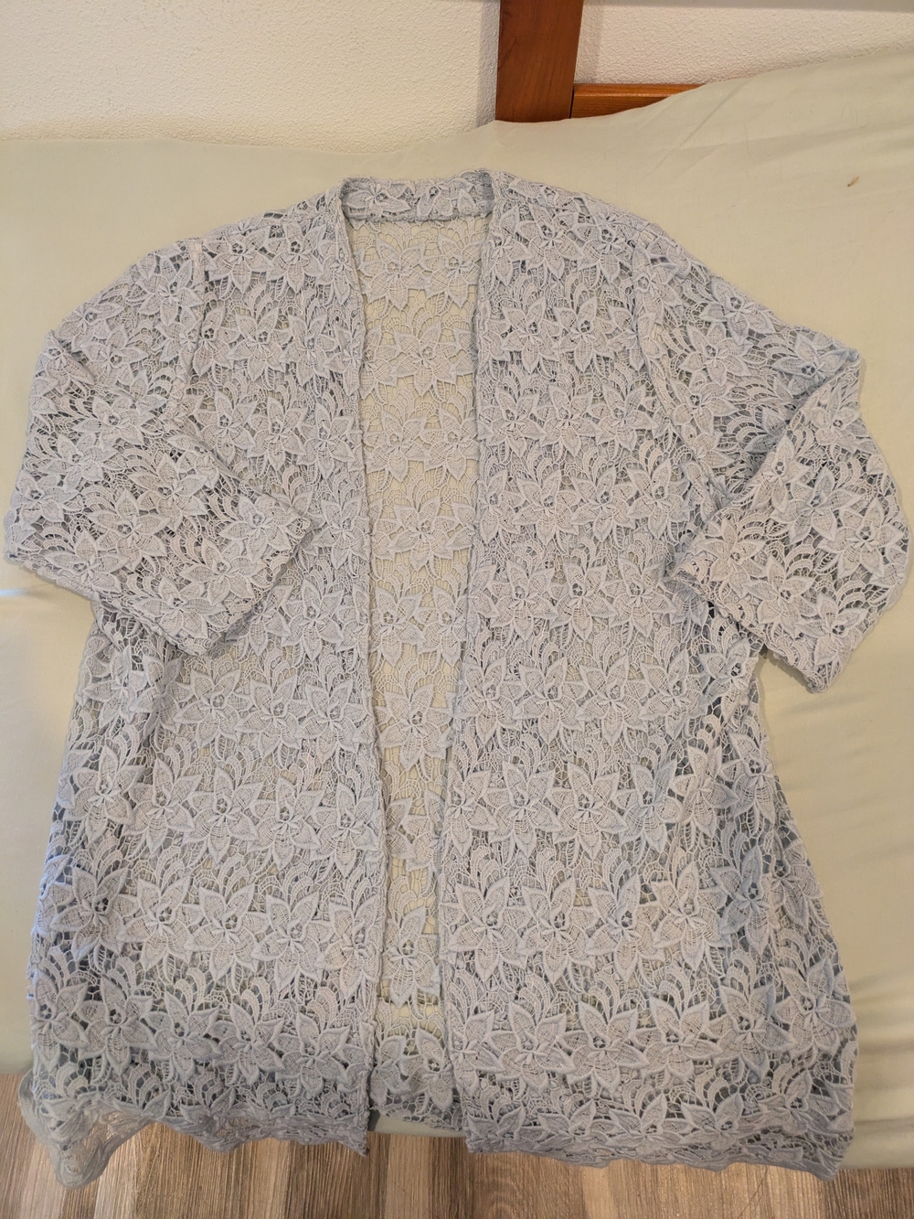 Gray Floral Lace Duster Cardigan Open Front Boho Sheer Longline